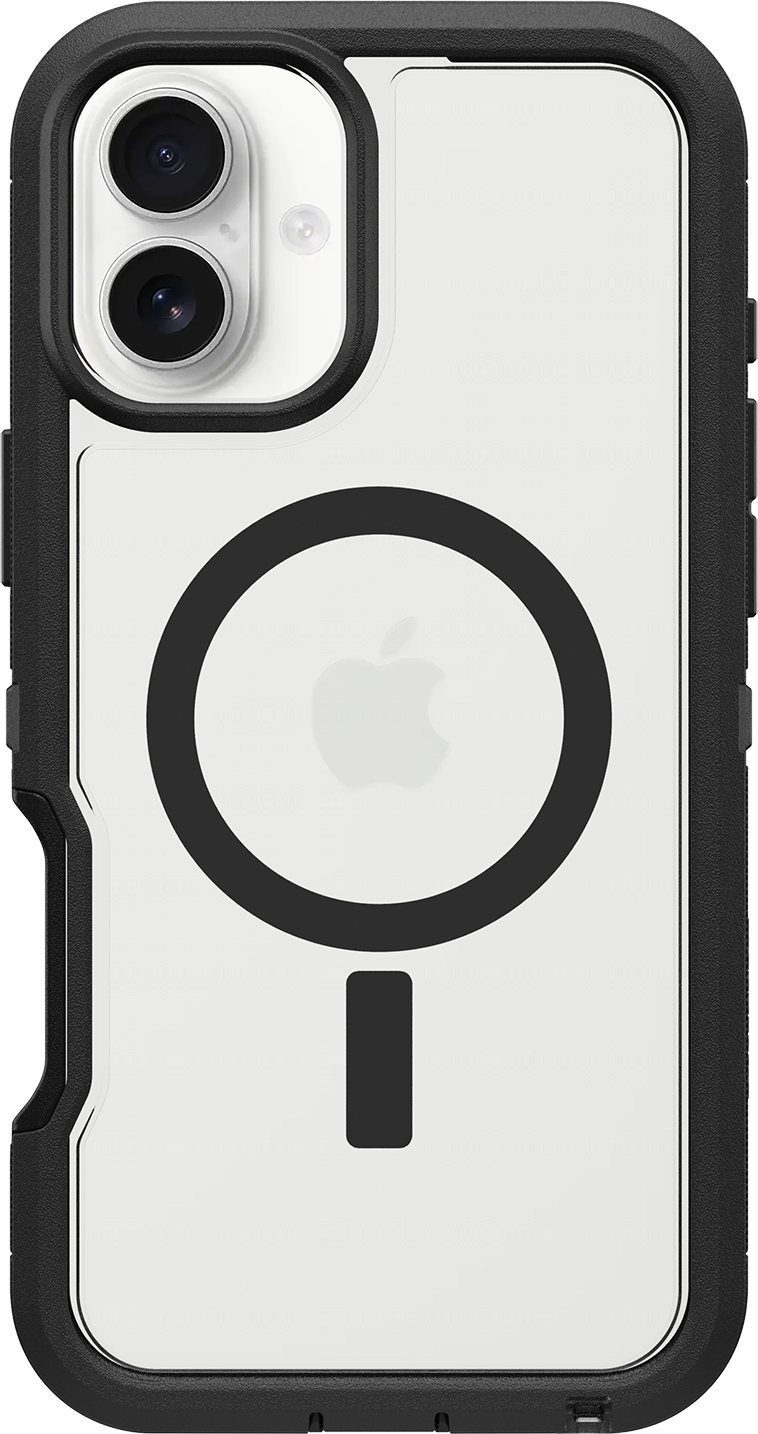 Átlátszó iPhone tok. Fekete szegély, fekete kör és téglalap a hátlapon, Apple logó.