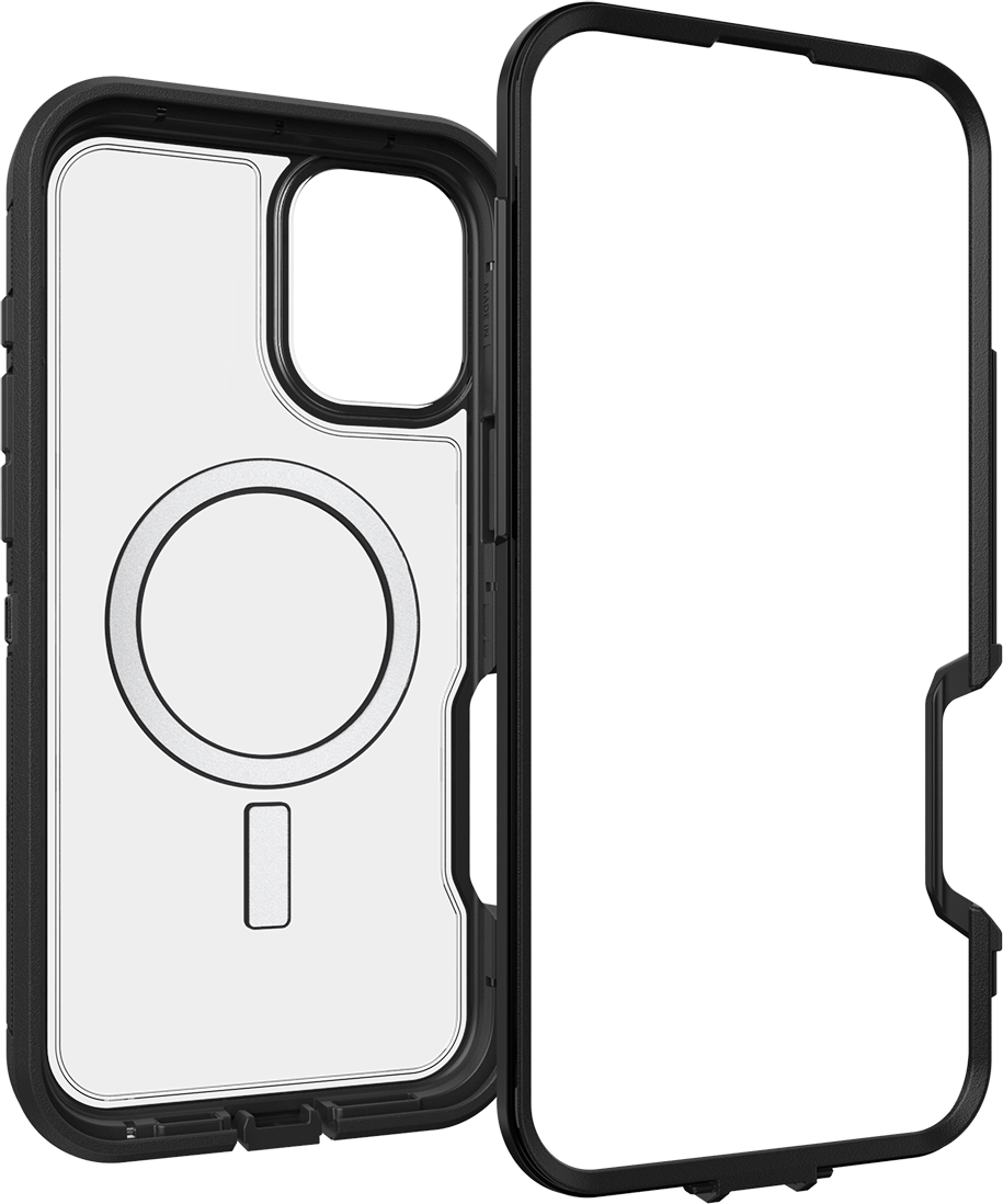 Kinyitott telefontok, átlátszó hátlappal és fekete kerettel, fehér háttérrel.