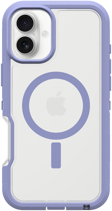 Lila-fehér iPhone tok átlátszó hátlappal és kék körrel, rajta az Apple logóval.