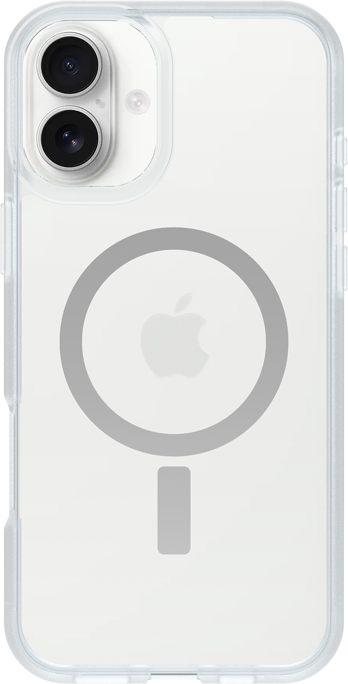 Átlátszó telefontok iPhone-hoz. A hátoldalon egy szürke gyűrű van az Apple logóval és egy függőleges téglalap.