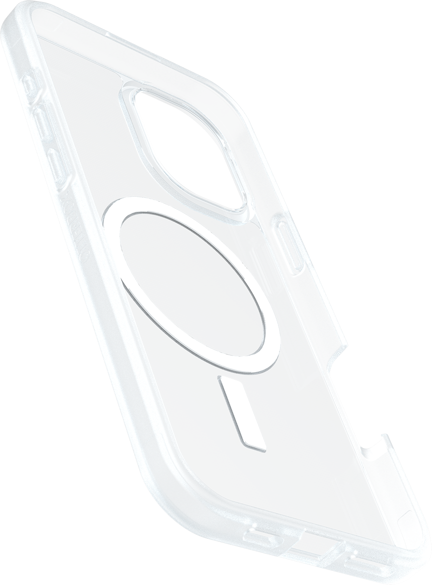 Átlátszó telefontok fehér MagSafe gyűrűvel. Ferde nézet.