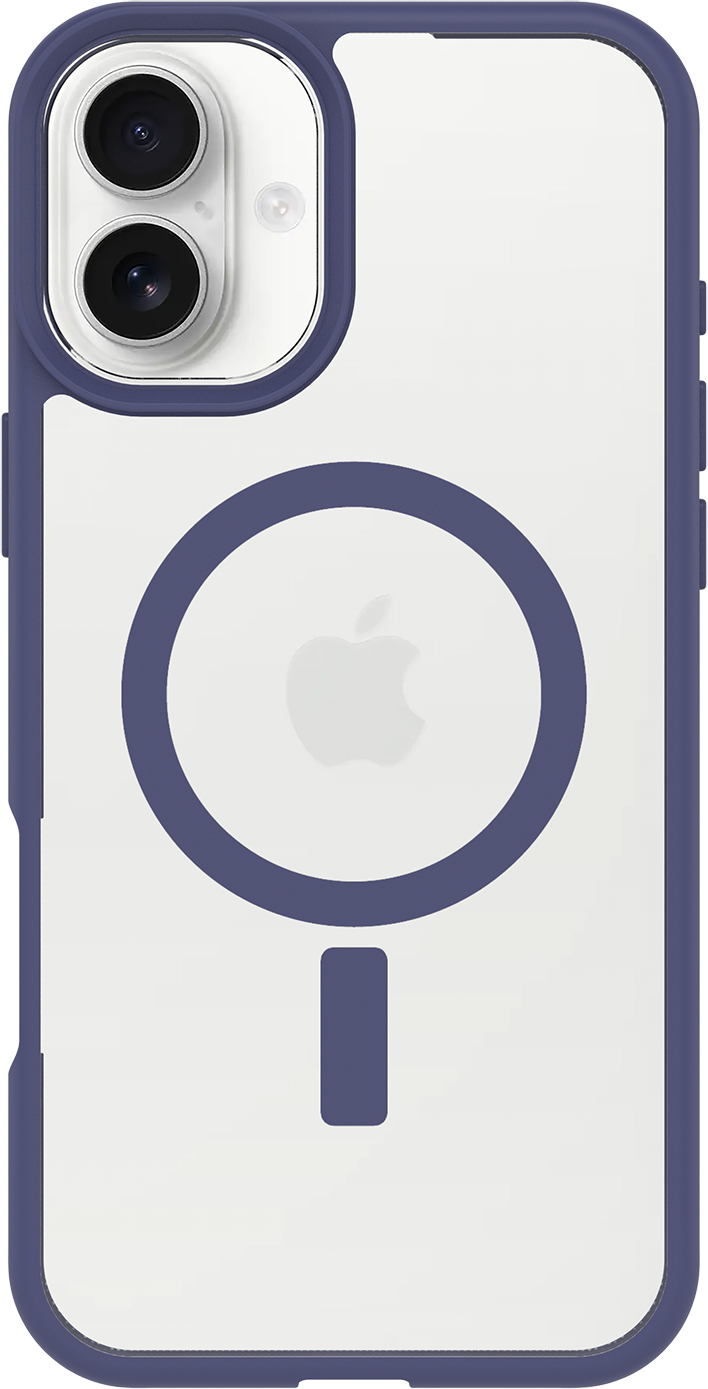 iPhone 12 tok, fehér hátlap kék körrel és mínusz jellel. Kék keretek.