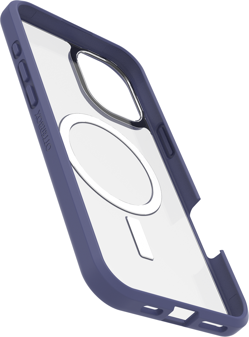 Átlátszó telefontok lila szegéllyel és fehér körrel a MagSafe számára.