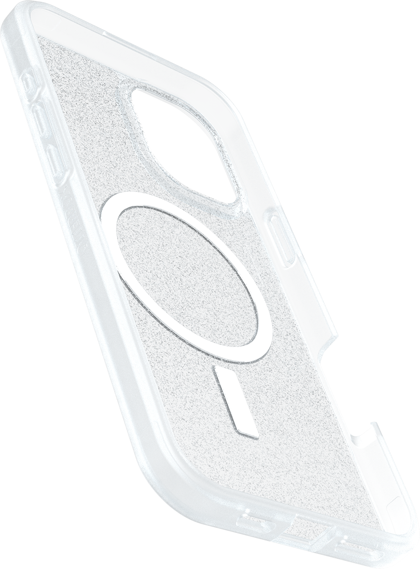 Egy átlátszó telefontok fehér MagSafe körrel és kivágással, sötét háttér előtt.