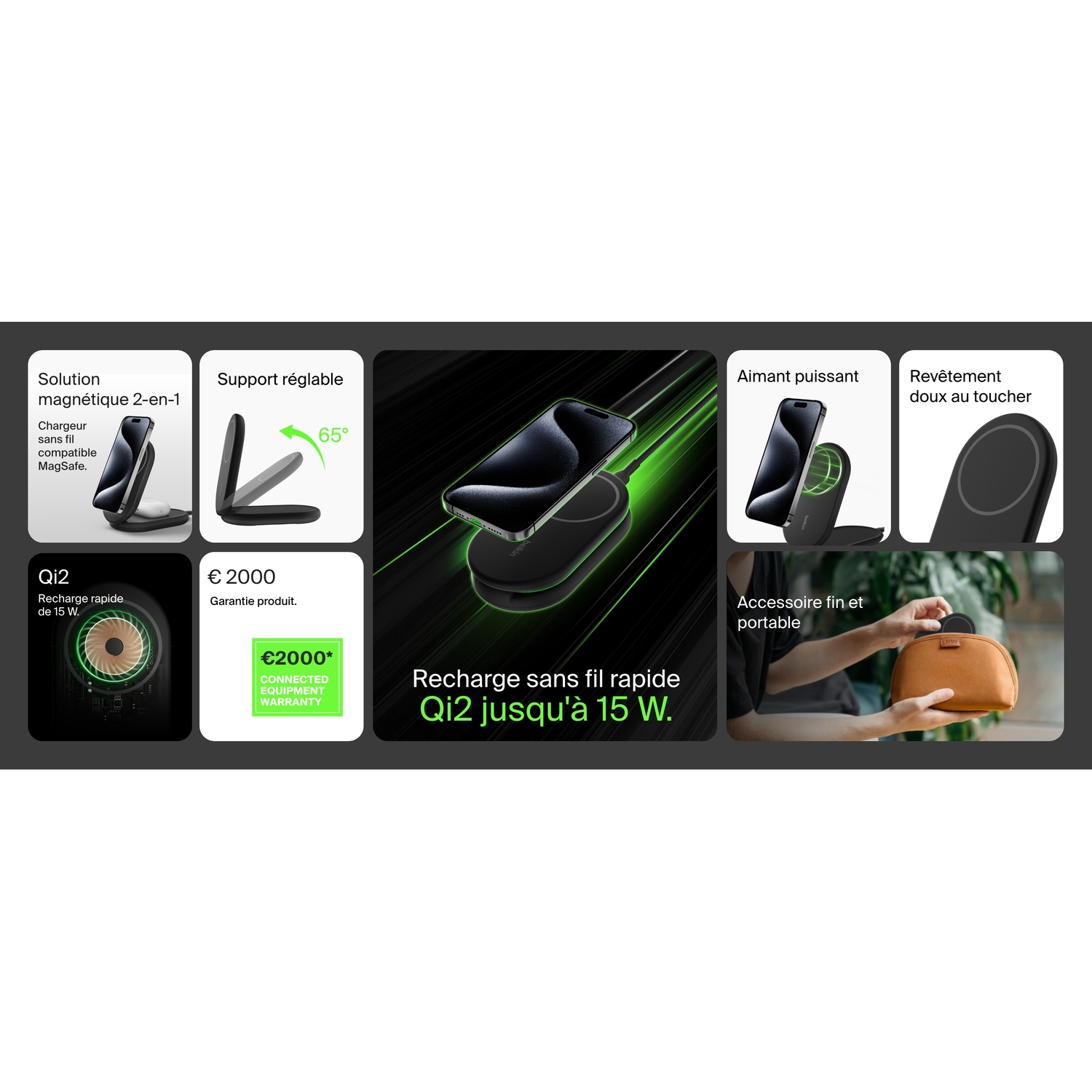 Plusieurs prises de vue de produits d'un chargeur sans fil et d'accessoires. Comprend téléphone, support et socle de chargement.