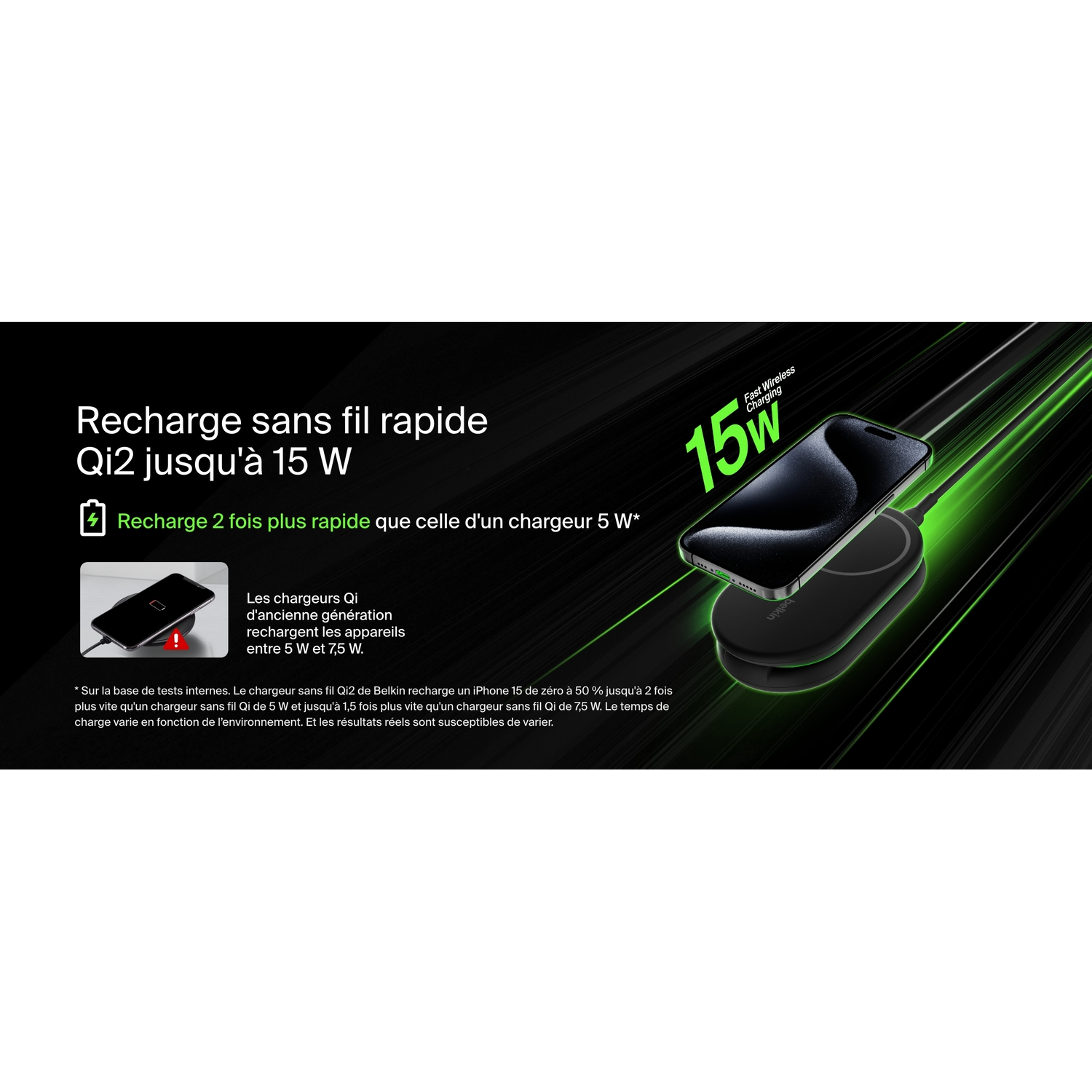 Un chargeur sans fil avec un téléphone dessus, et un texte indiquant qu'il charge 2x plus vite. Couleurs noir et vert.