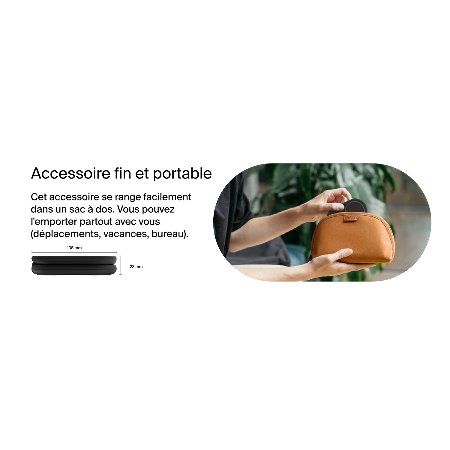 Un chargeur noir tient un téléphone affichant 9:41. Le fond est une table en bois et une chaise jaune.