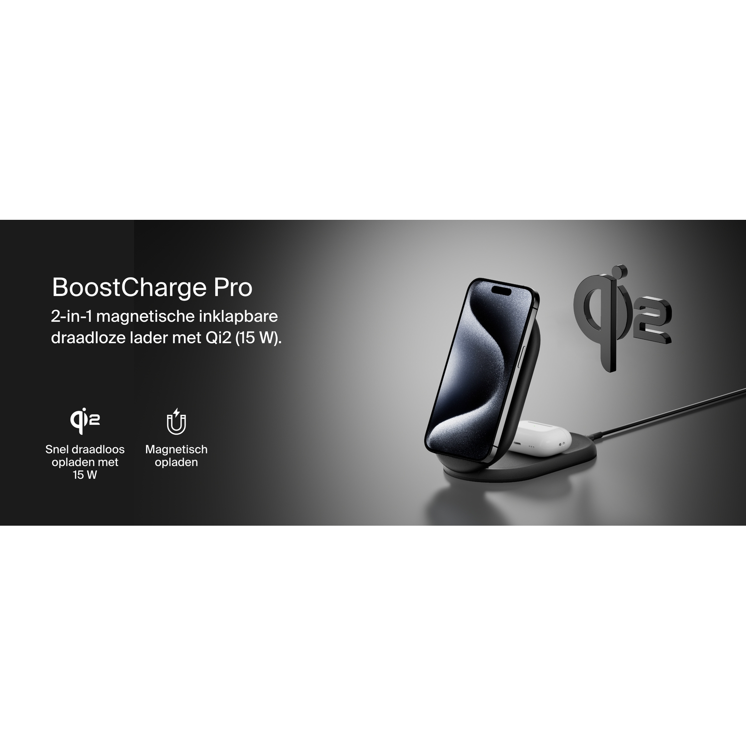Téléphone en charge sur un chargeur sans fil, avec texte en néerlandais.