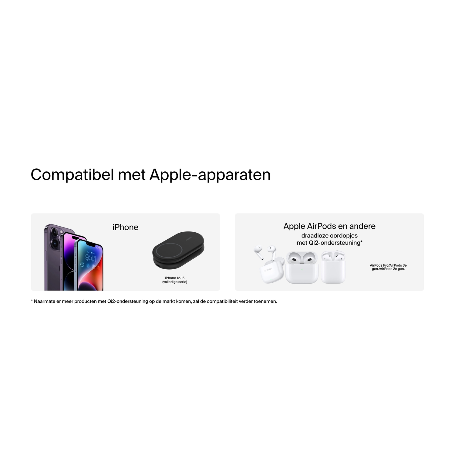 Images d'iPhone et d'AirPods à côté d'un texte qui dit Compatible avec les appareils Apple.
