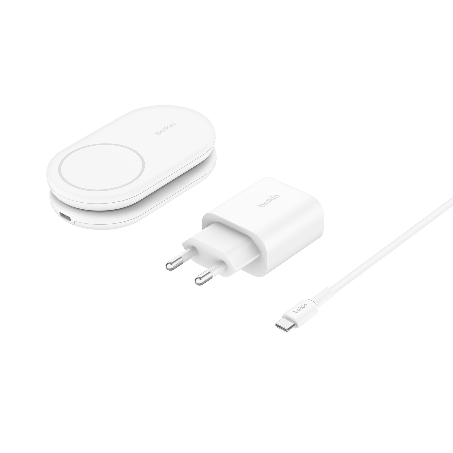Ensemble chargeur blanc avec socle de chargement, adaptateur et câble.