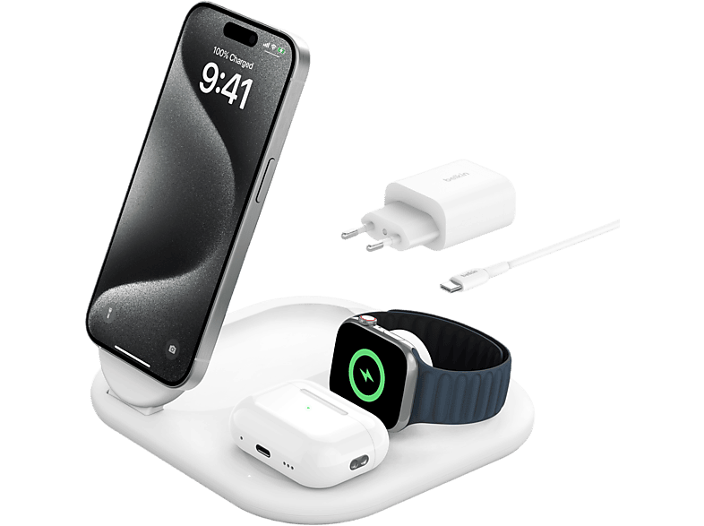 Belkin BoostCharge Qi2 15W Station de Recharge sans Fil Magnétique 3-en-1