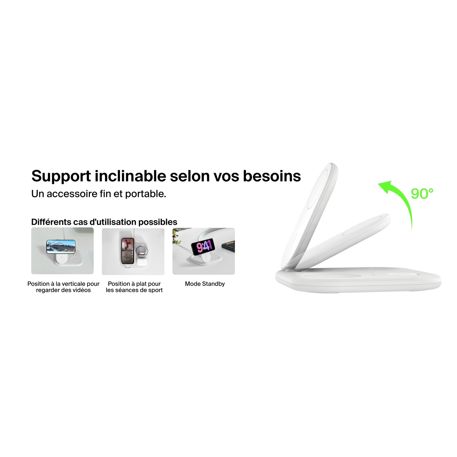 Chargeur sans fil blanc avec différents scénarios d'utilisation affichés.