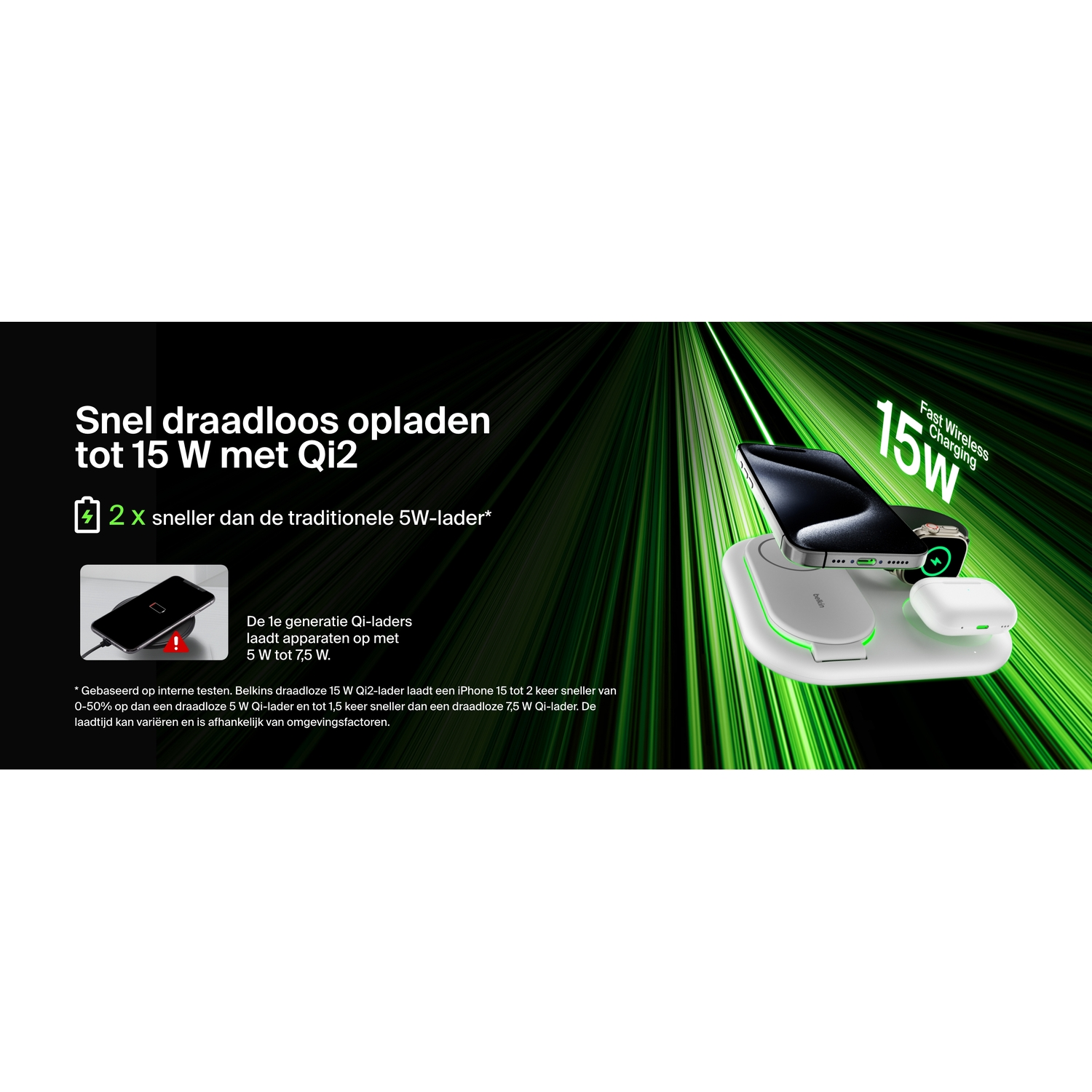 Wireless charging pad with phone and accessories, with text about fast charging.