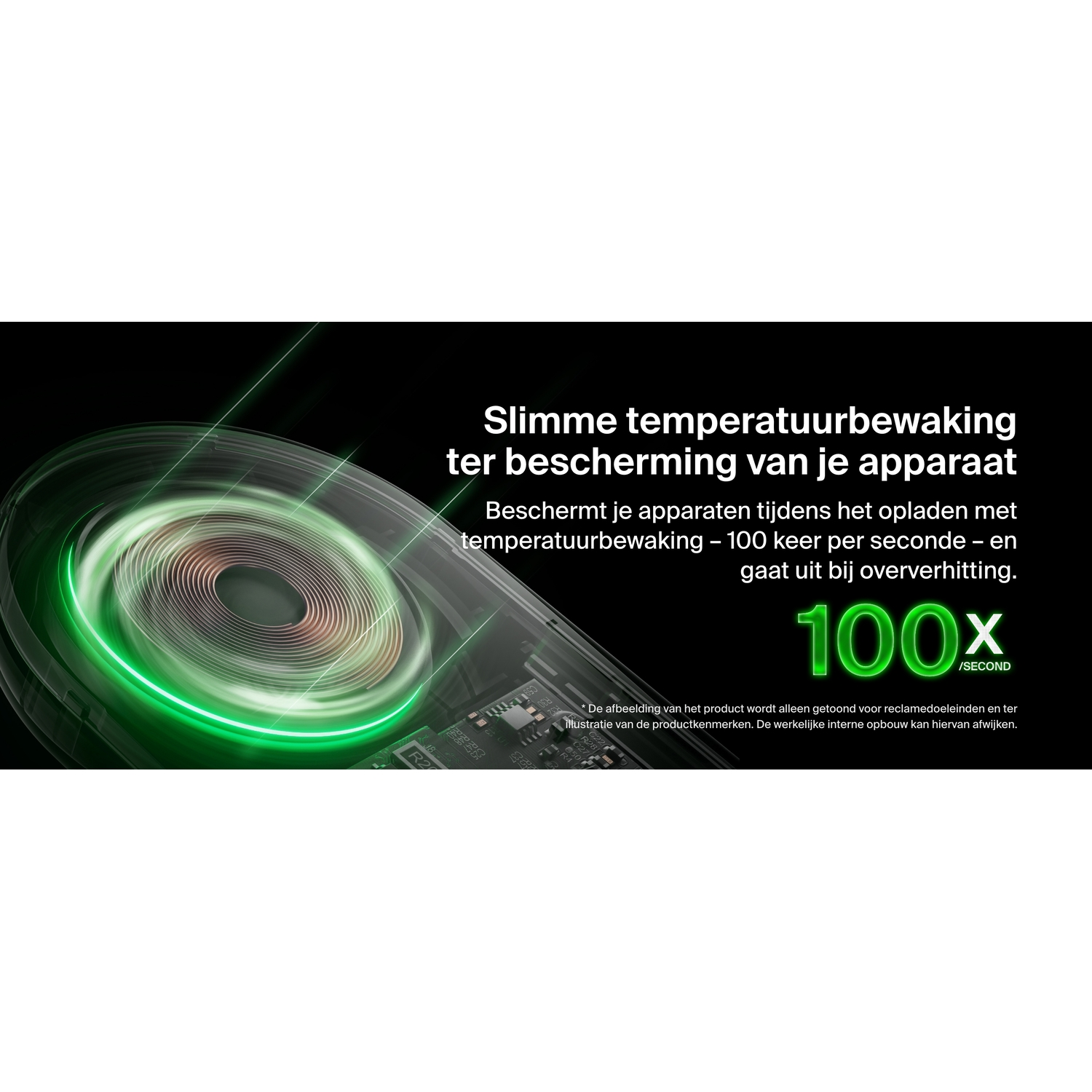 A green glowing wireless charging coil, text about temperature protection.