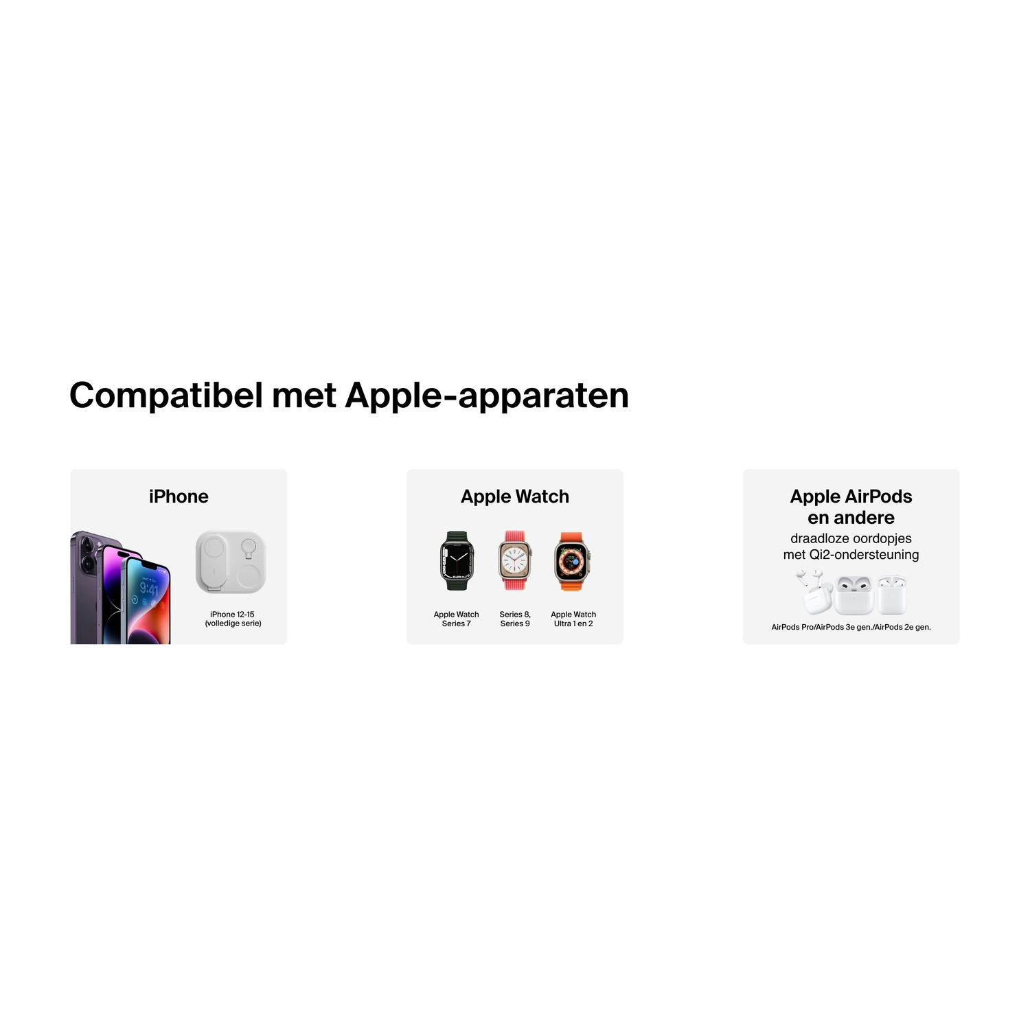 Images of Apple devices: iPhone, Apple Watch, and AirPods, with text in Dutch.