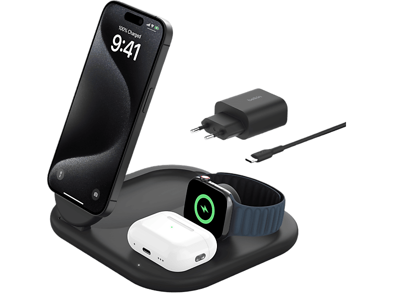 Support de charge sans fil magnétique 3-en-1 Belkin BoostCharge Qi2 15W