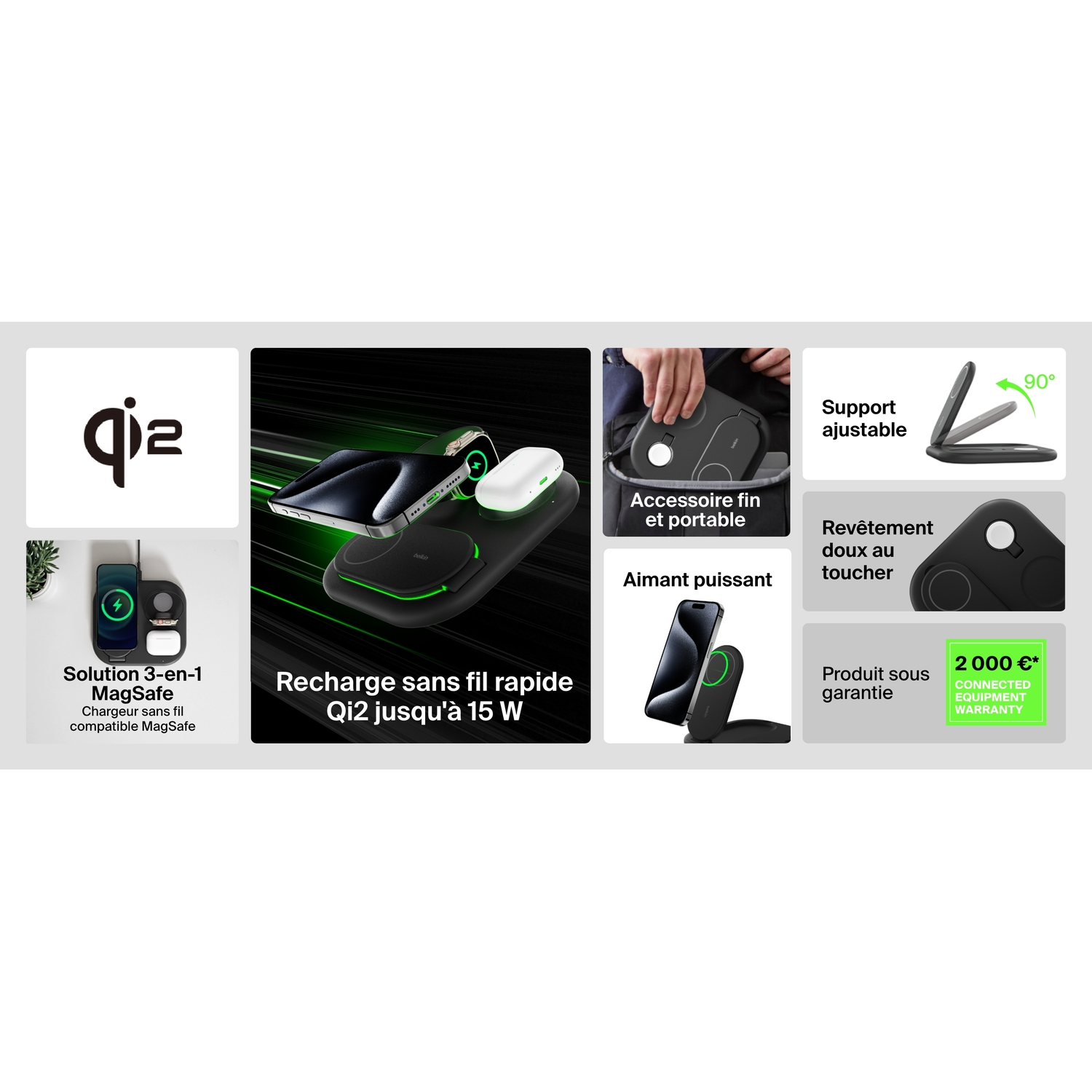 Une station de recharge sans fil avec plusieurs appareils et du texte.