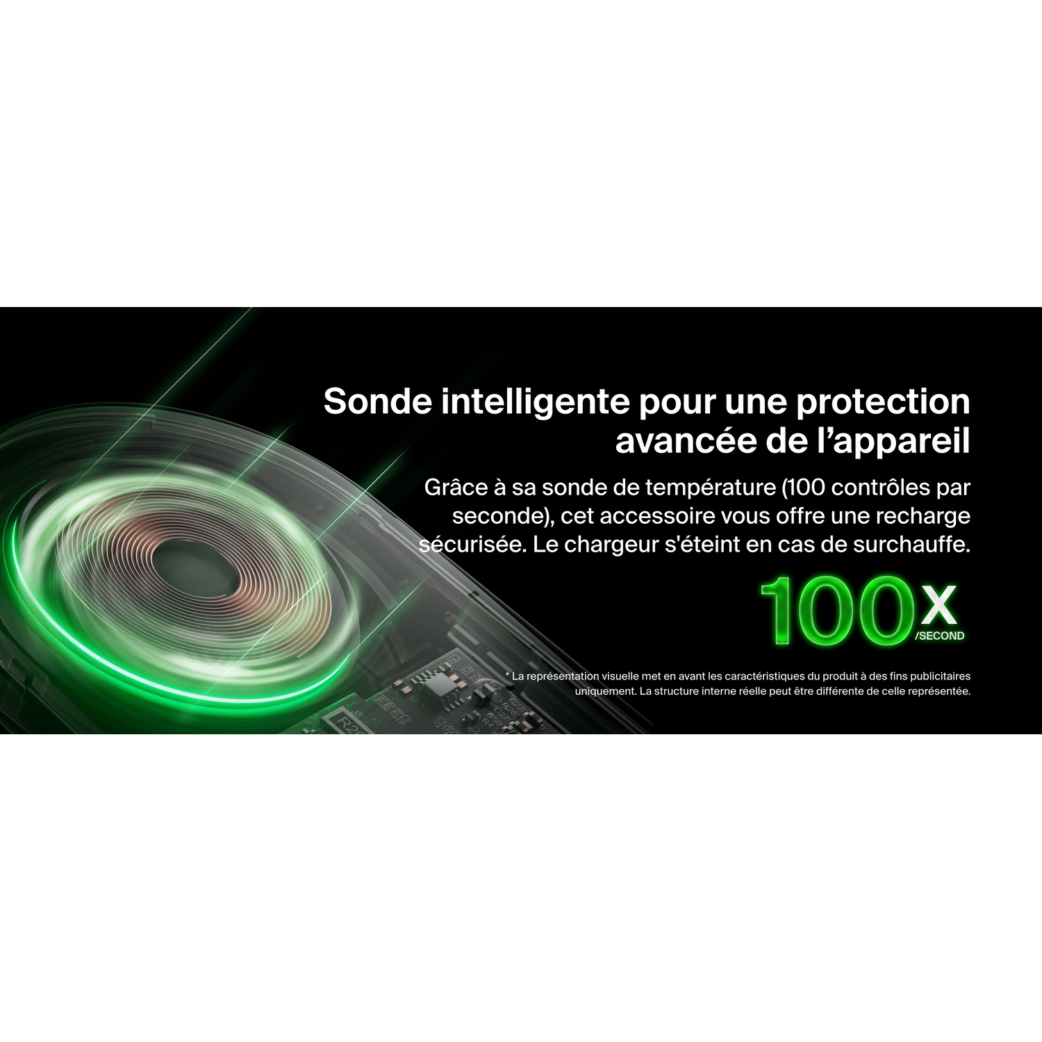 Un appareil de chargement avec une lumière verte et du texte en français.