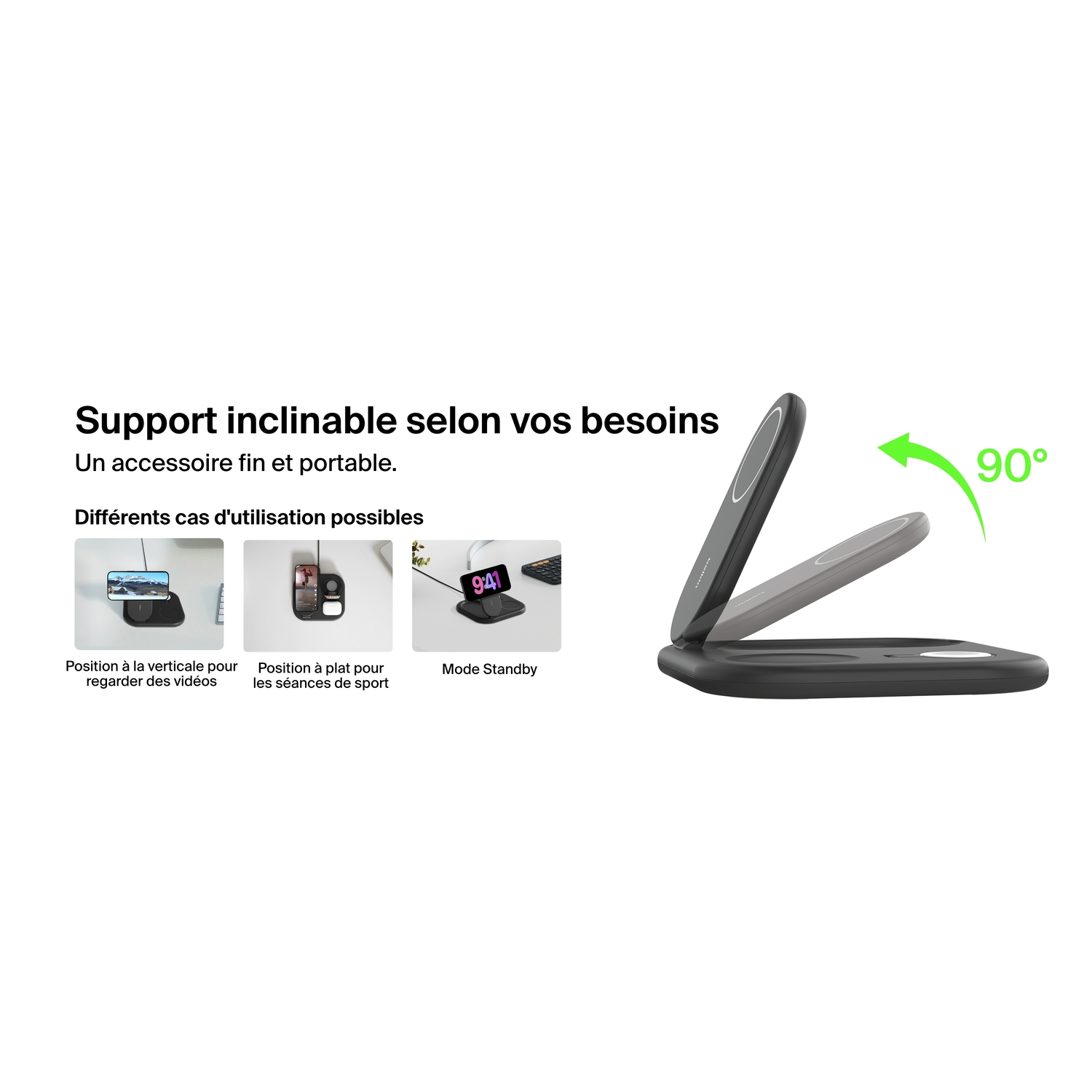 Un chargeur sans fil noir et gris, avec un téléphone à un angle de 90 degrés. Trois exemples d'utilisation sont montrés.