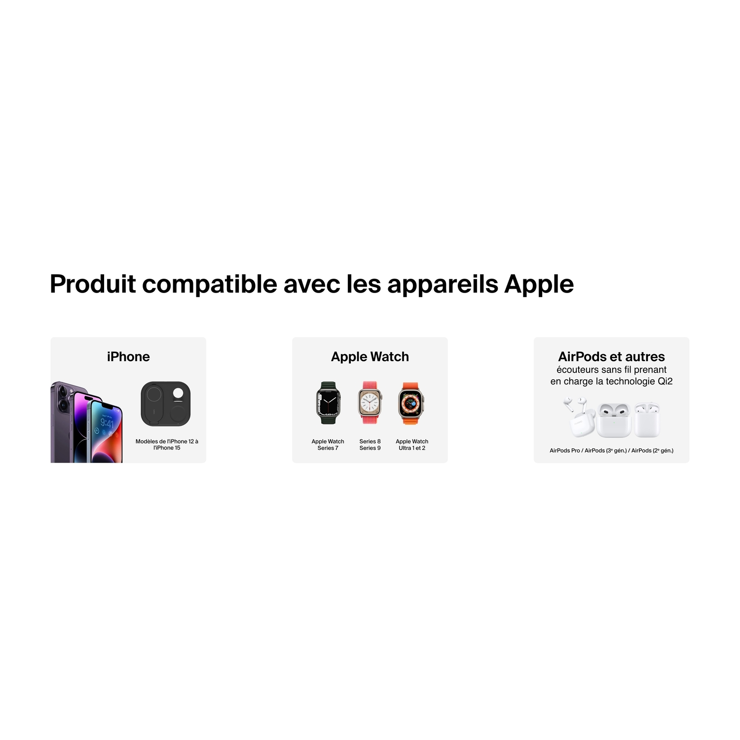 Images de produits Apple : iPhone, Apple Watch et AirPods. Texte : 'Produit compatible avec les appareils Apple'.