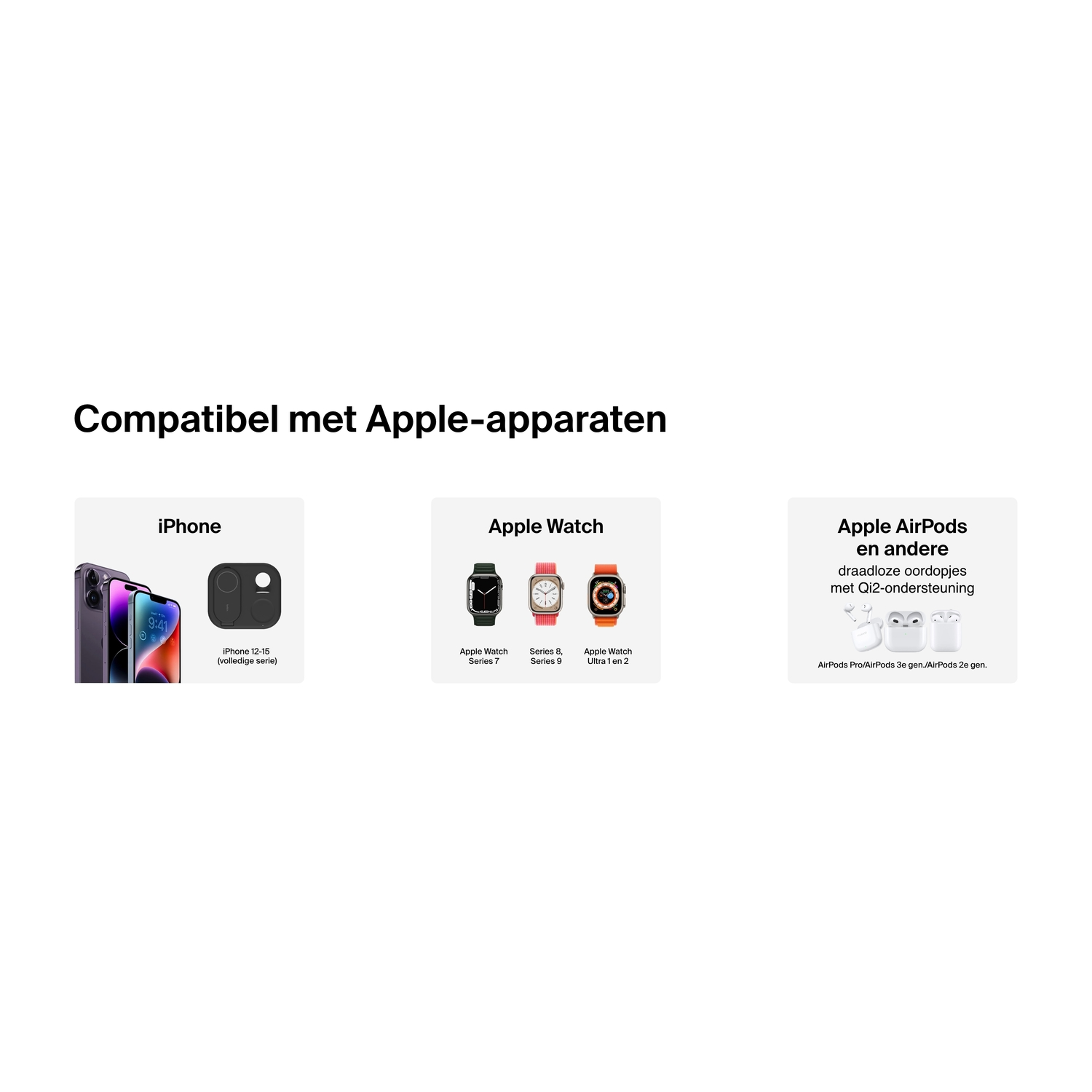 Afbeeldingen van een iPhone, Apple Watch Series 7 & Ultra 2 en AirPods, allemaal Apple-producten.