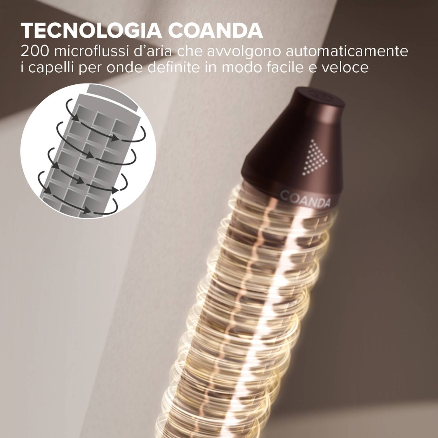 Piastra per capelli, primo piano che mostra la tecnologia del flusso d'aria, con diagramma e marchio.