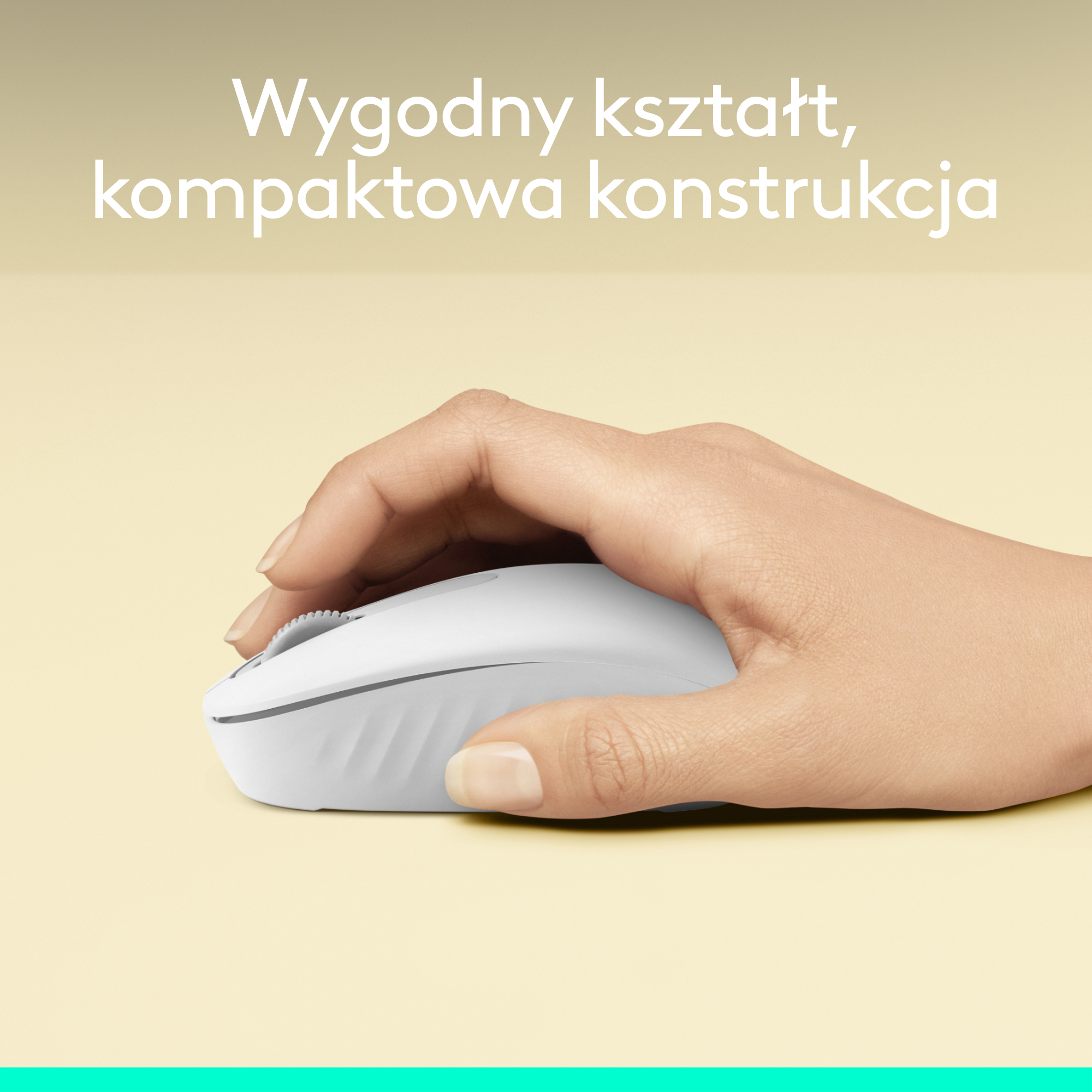 Ręka trzyma białą mysz komputerową na jasnożółtej powierzchni.