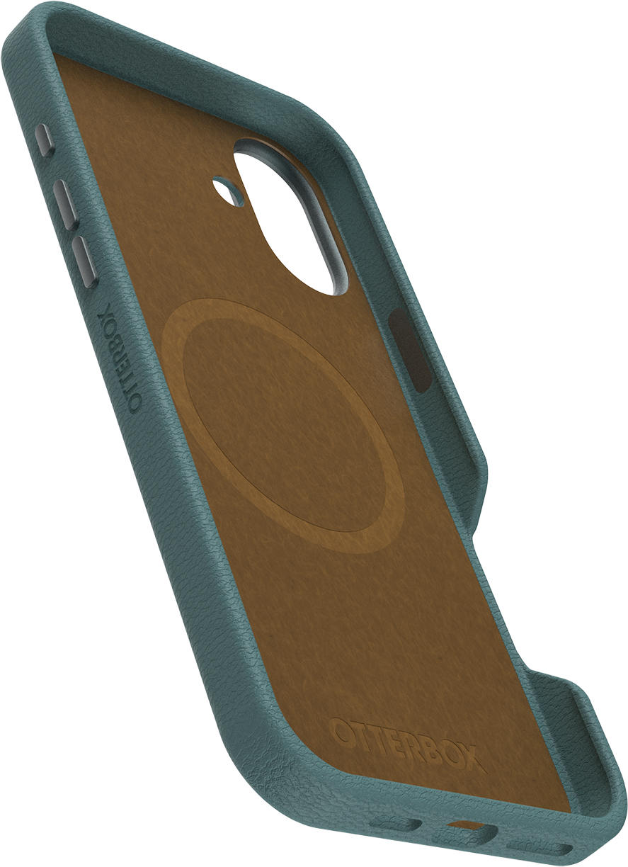 Egy türkiz OtterBox telefontok barna belsővel. A tok szögben van, megmutatva a textúráját.