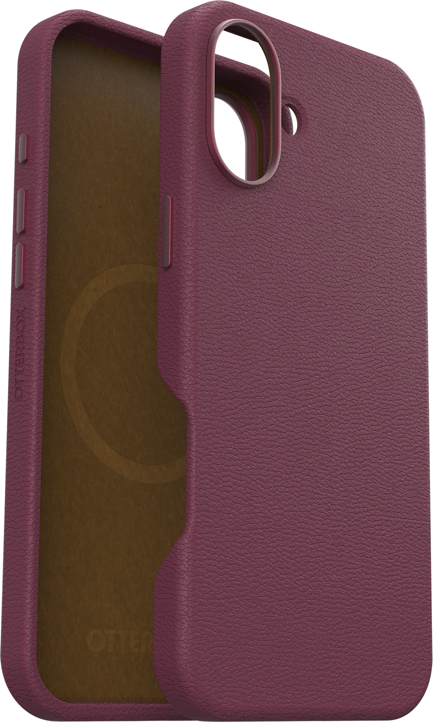 Bordó telefontok, kinyitva, hogy felfedje a barna belsejét. Otterbox logó látható. Texturált felület.