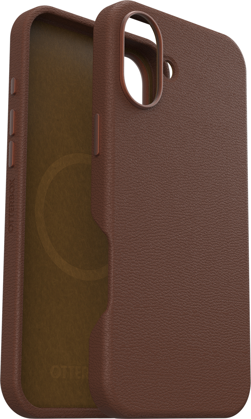 Barna bőr telefontok, nyitott kialakítással, feltárva a telefon belsejét. Az 'Otterbox' márka látható.