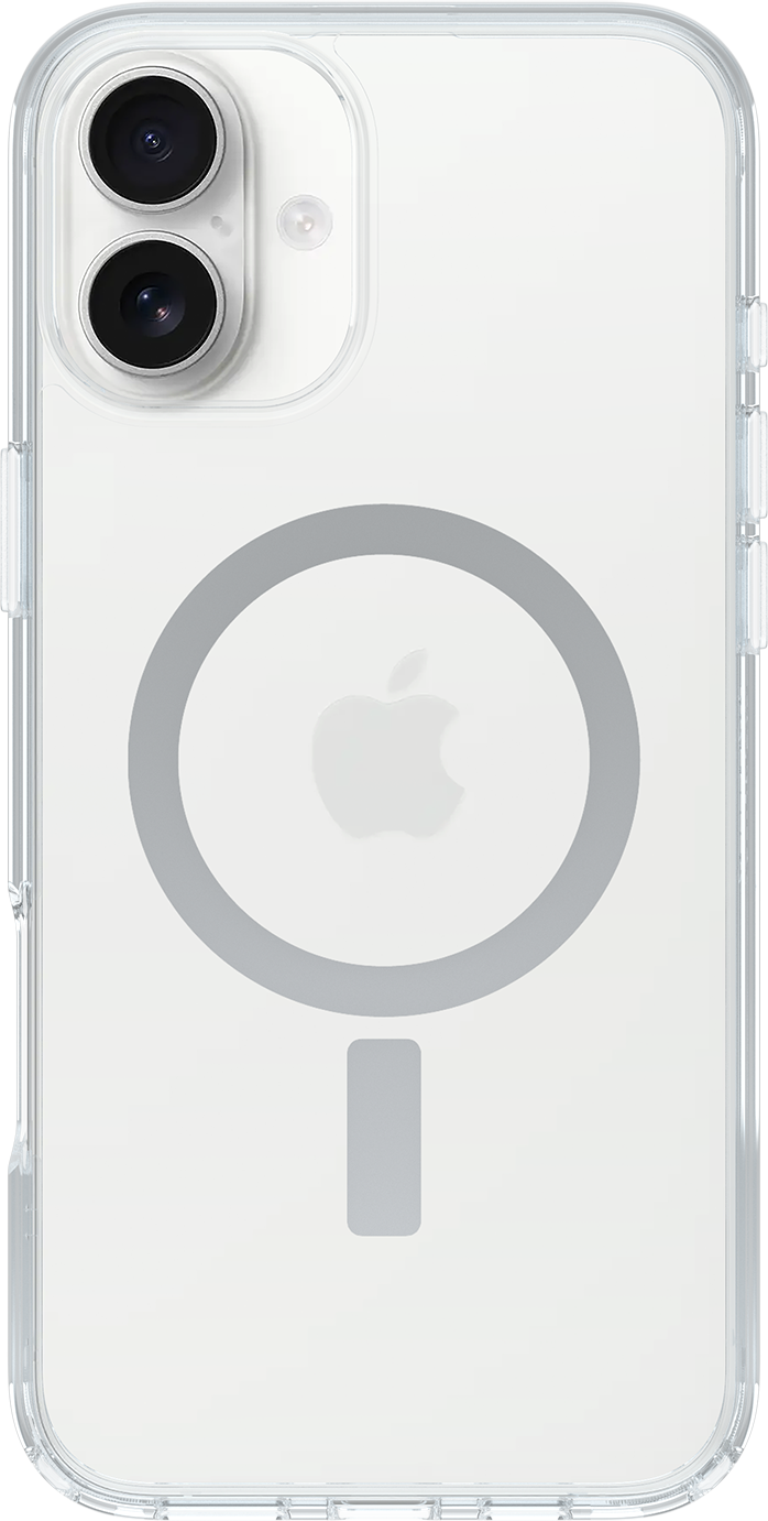 Átlátszó iPhone tok MagSafe gyűrűvel és Apple logóval. Kettős kamera látható. A hátlap sima.