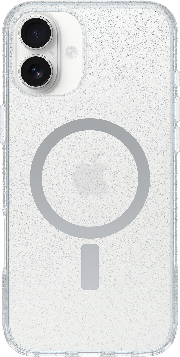 Átlátszó telefontok csillogó hátlappal. Apple logó látható. MagSafe gyűrű.
