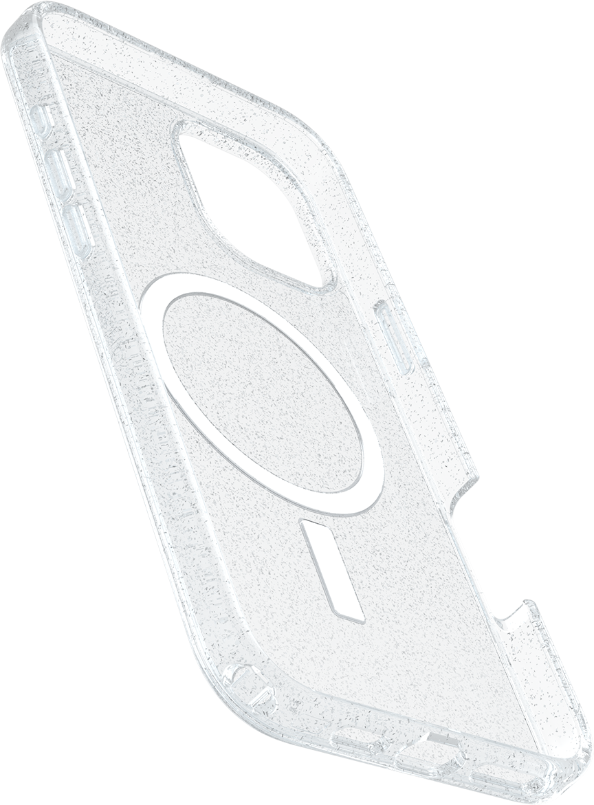 Átlátszó telefontok fehér MagSafe körrel és fehér függőleges vonallal, fekete háttéren.