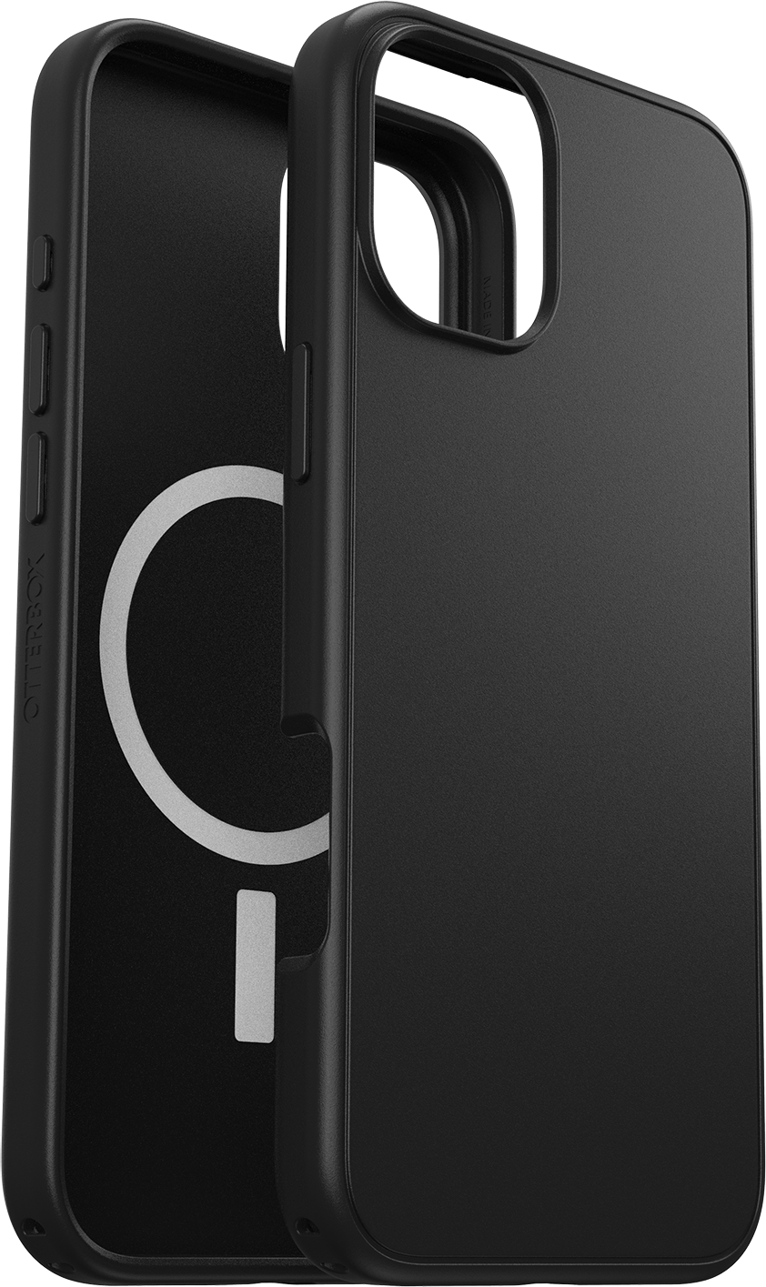 Fekete telefontok, két részből, fehér körrel és fekete téglalappal.