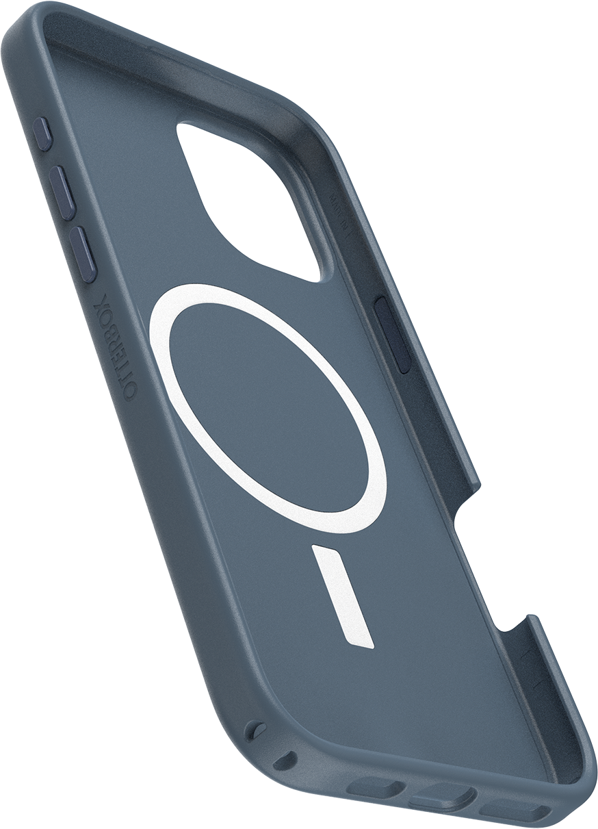 Egy kék Otterbox telefontok belseje. Egy fehér kör, benne egy mínusz jellel.