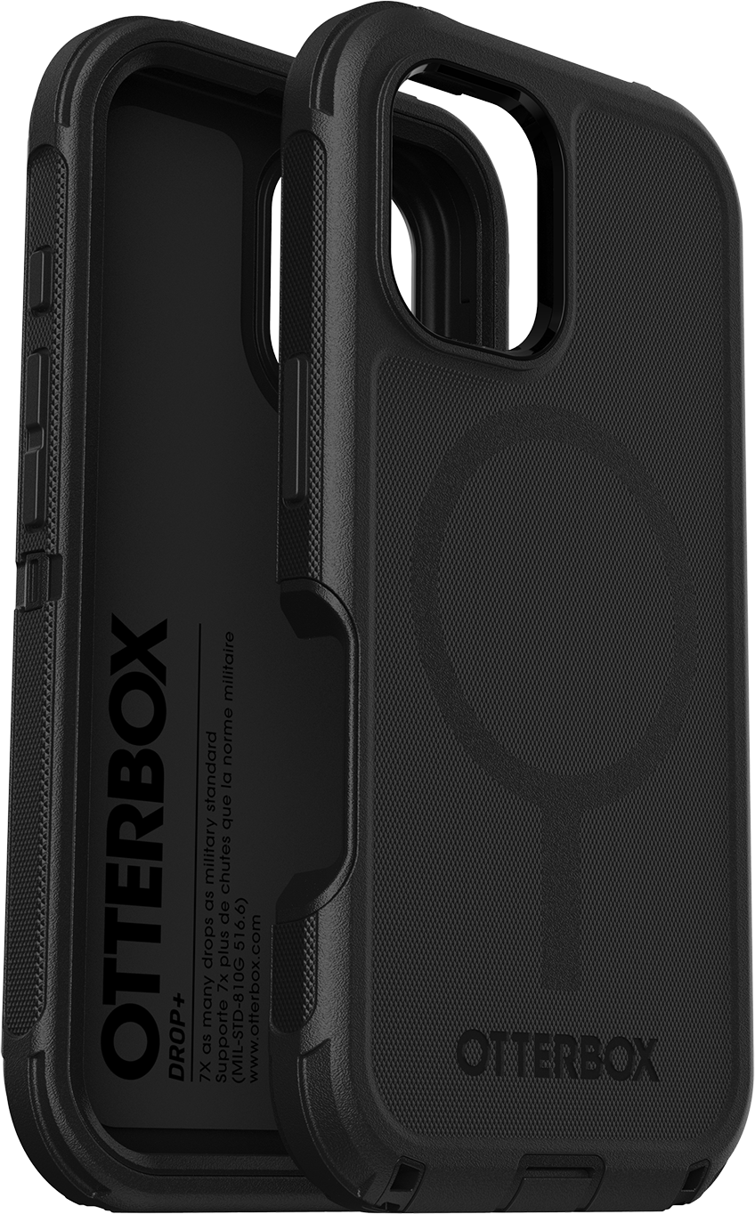Fekete Otterbox telefontok textúrált dizájnnal, nyitva a telefon belsejének felfedéséhez.
