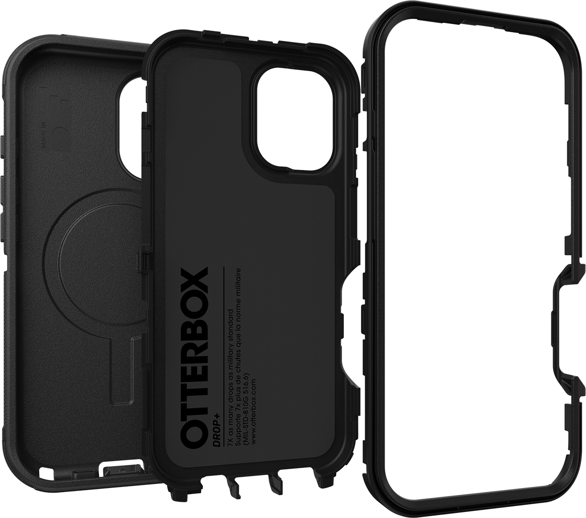 Fekete Otterbox telefontok három különálló darabbal. A tok nyitva van, látható az Otterbox logó.