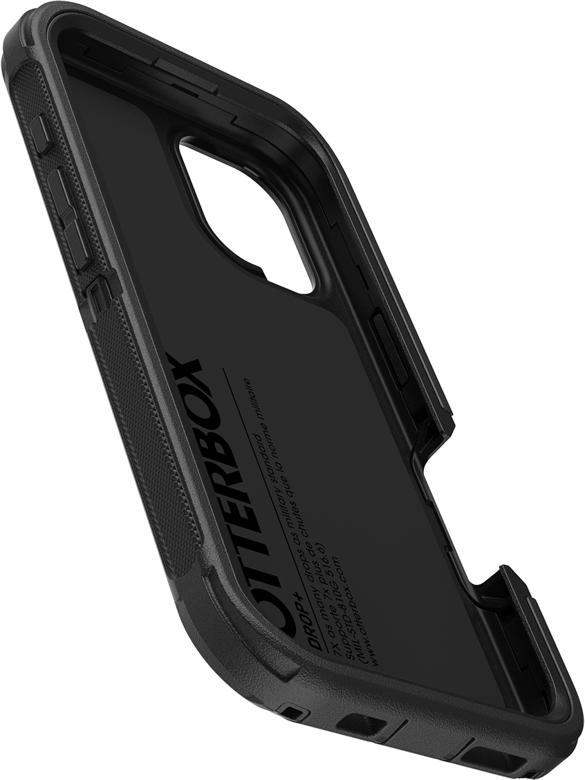 Fekete telefontok, ferde nézet, belső részletek és Otterbox logó látható.