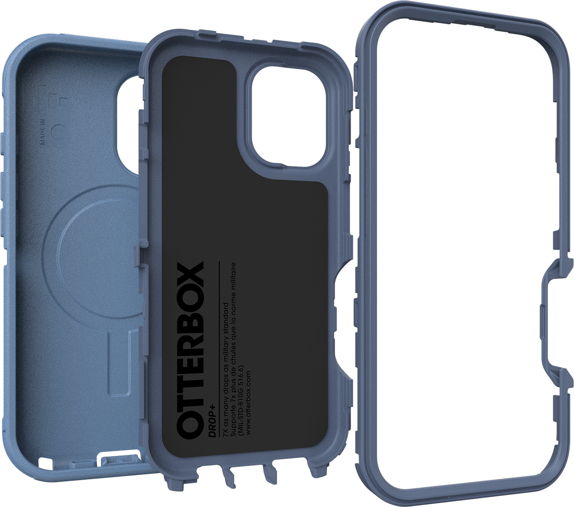 Otterbox telefontok, szétszerelve, a belső és külső részeket mutatva.
