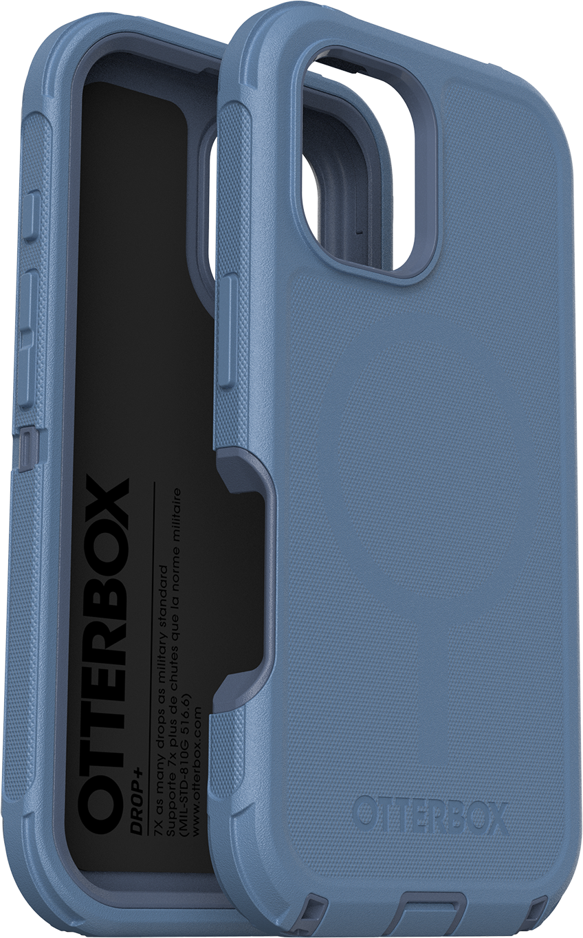 Egy Otterbox telefontok, kék, részben nyitott, feltárva a belső részt.
