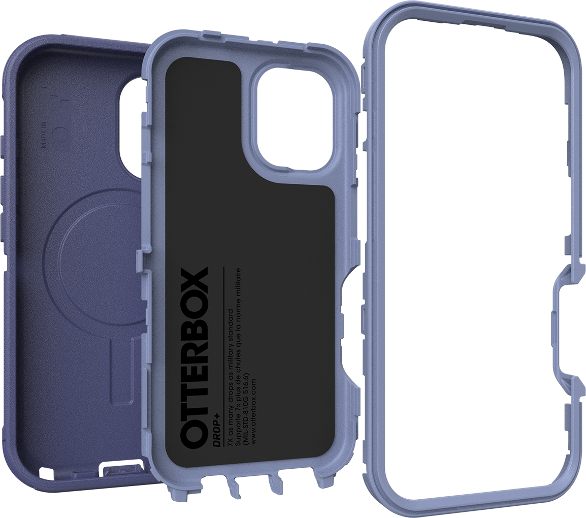 Otterbox telefontok, szétszerelve. Kék keret, fekete belső szöveggel, fehér háttér.