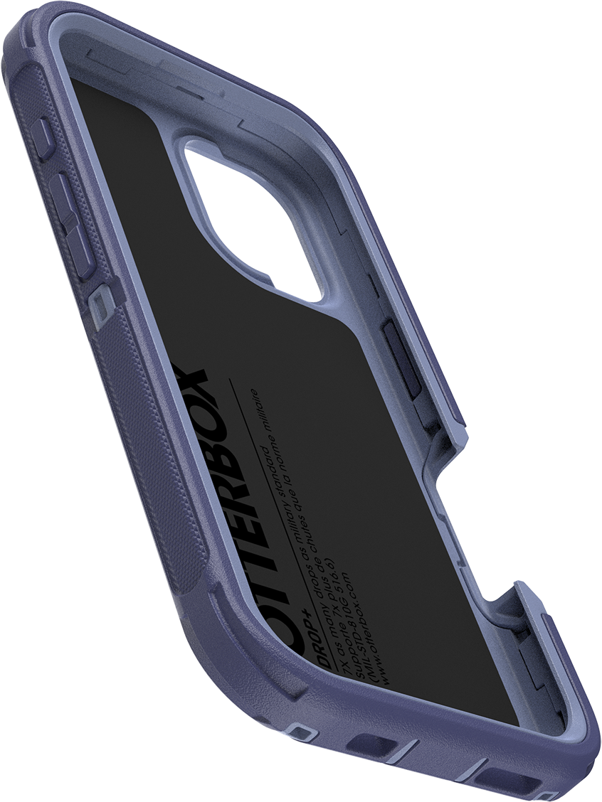 Kék-lila OtterBox telefontok, a belsejét mutatja a márkanévvel.