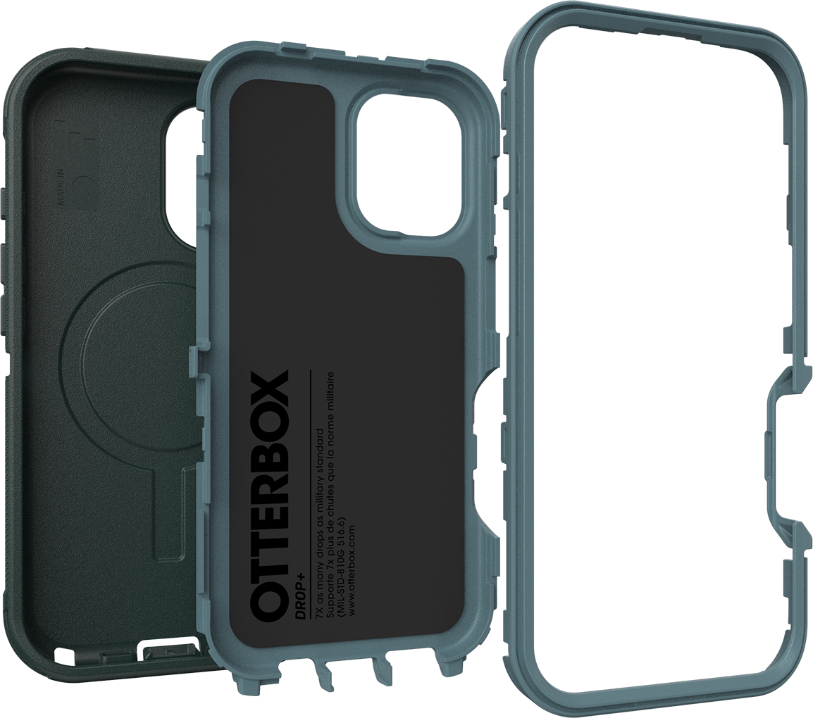 Kék-zöld Otterbox telefontok, szétszedve. Részei: belső keret, telefontartó és külső védőhéj.