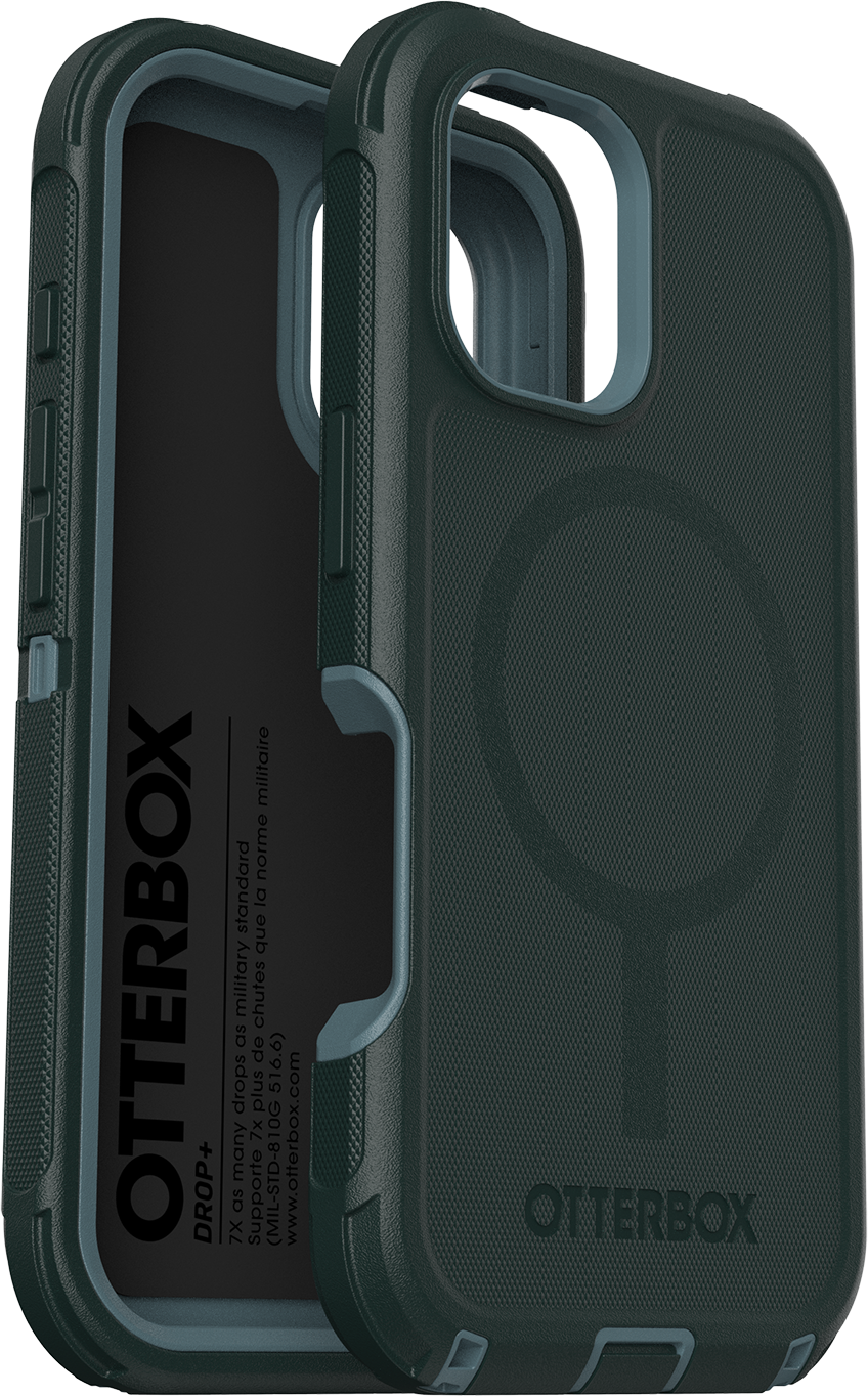 Sötétzöld Otterbox telefontok. A tok belsejét és külsejét mutatja. A tok fehér háttéren van.