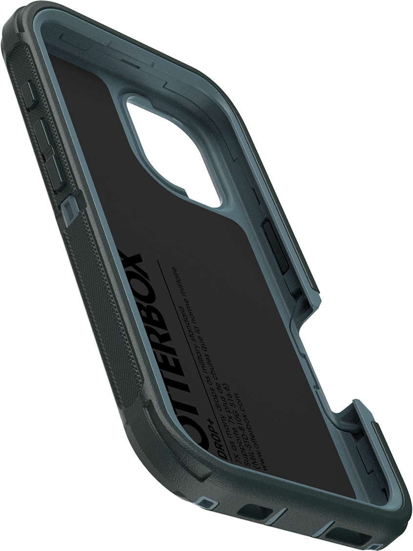 Egy OtterBox telefontok, szögben, sötét belsővel és texturált külsővel.