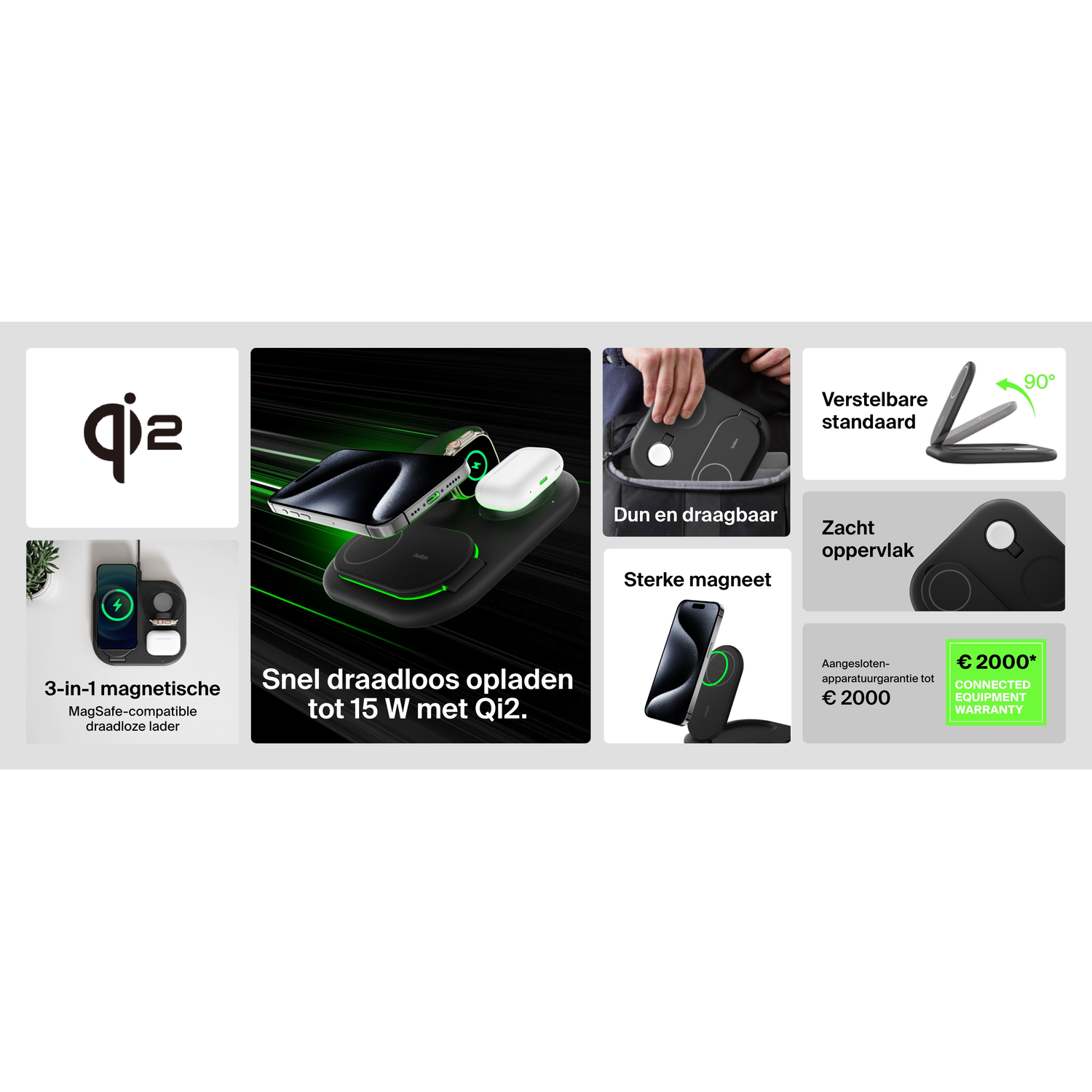 Collage showcasing wireless charging products, including a charging pad and phone.