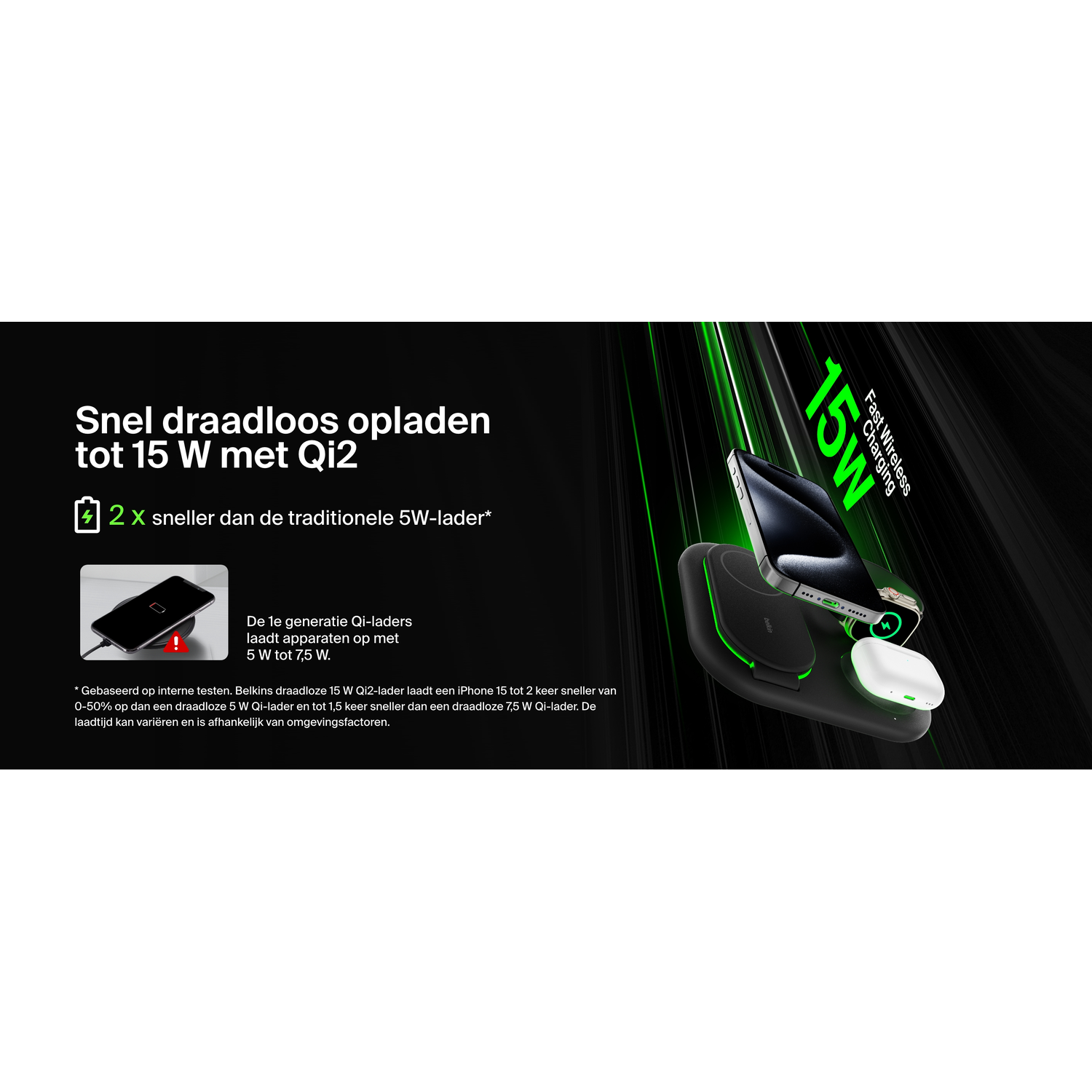 Black wireless charger with phone and earbuds charging. Text reads: 15W Fast Wireless Charging.