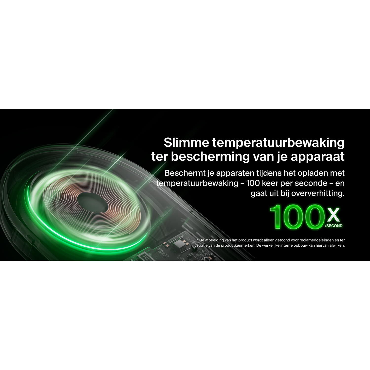 An advertisement showing a green glowing coil, with text promoting smart temperature control for devices.