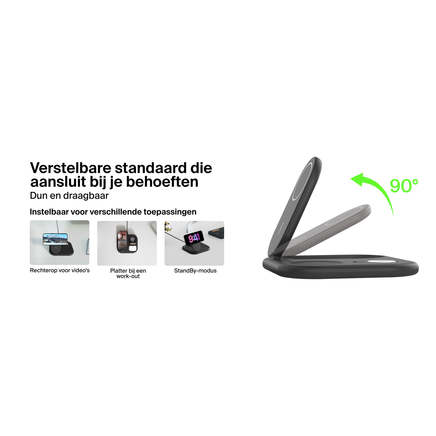 Wireless charging stand with a phone, in a white background, with text and icons.
