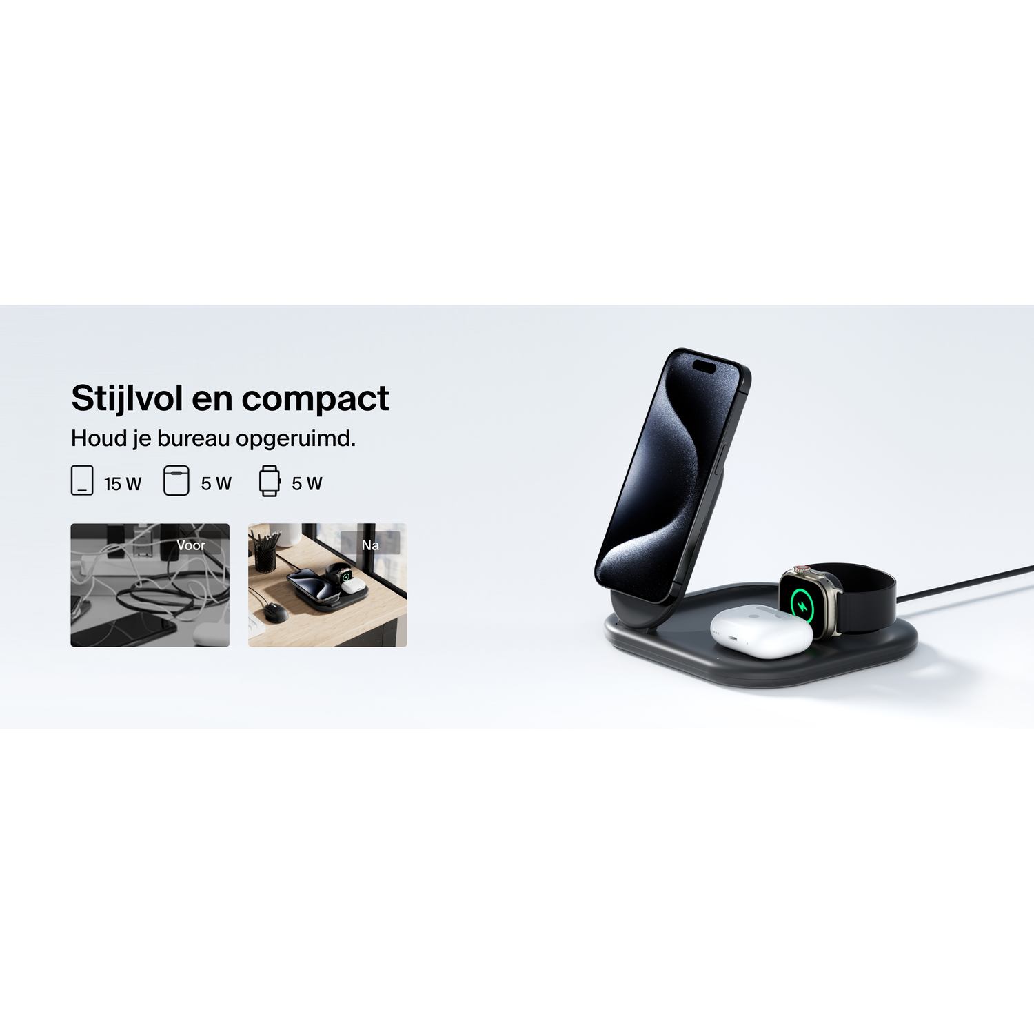 A stylish and compact charging station with phone, watch, and earbuds charging on it.